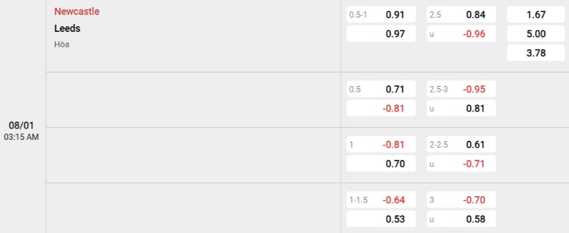 Soi kèo Newcastle vs Leeds hôm nay 08/01 | Vòng 21 Ngoại hạng Anh 3 Tỷ lệ kèo Newcastle vs Leeds